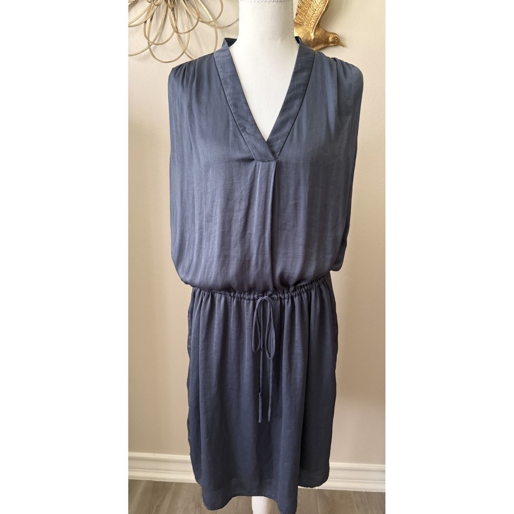 Vince XS Blue Gray Sleeveless Drawstring Waist Dress Silk Look Midi Shift